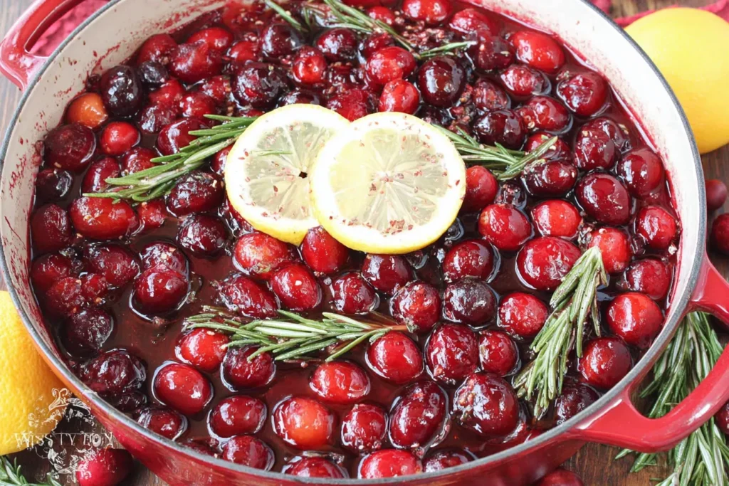 Best Ever Cranberry Sauce simmering in a pot with fresh rosemary and lemon slices