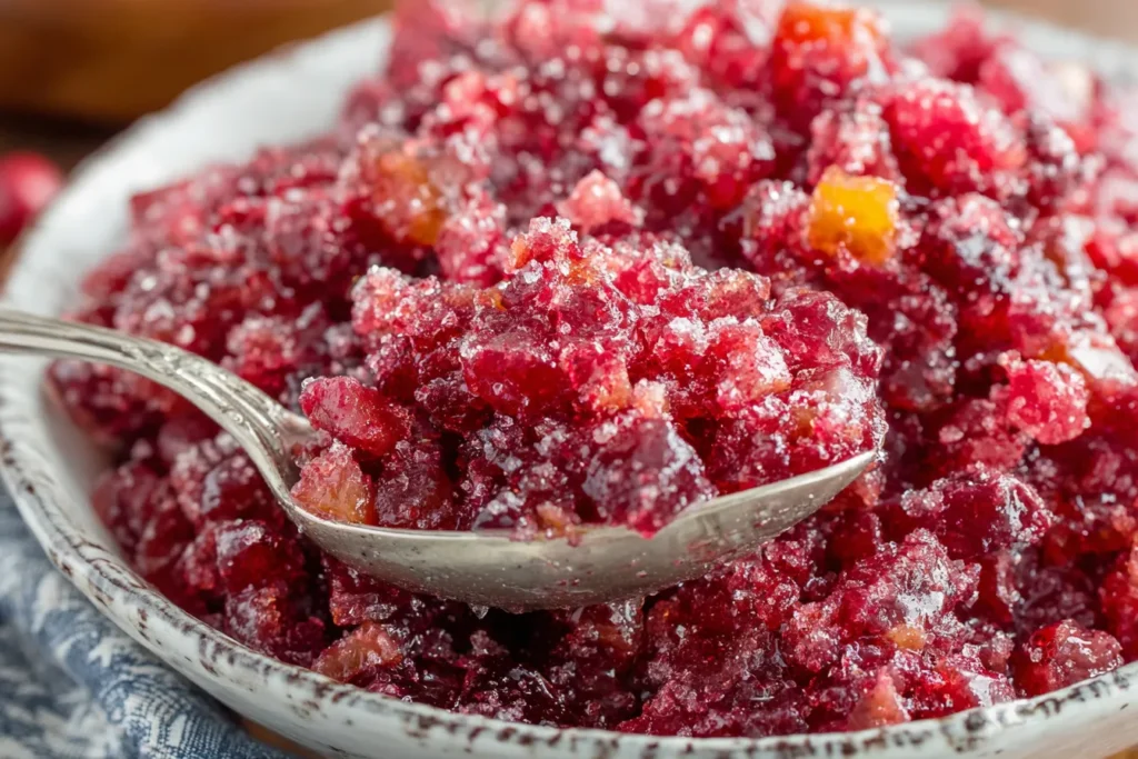 Spoon lifting cranberry salad mixture with oranges for a delicious Cranberry Jello Salad Recipe