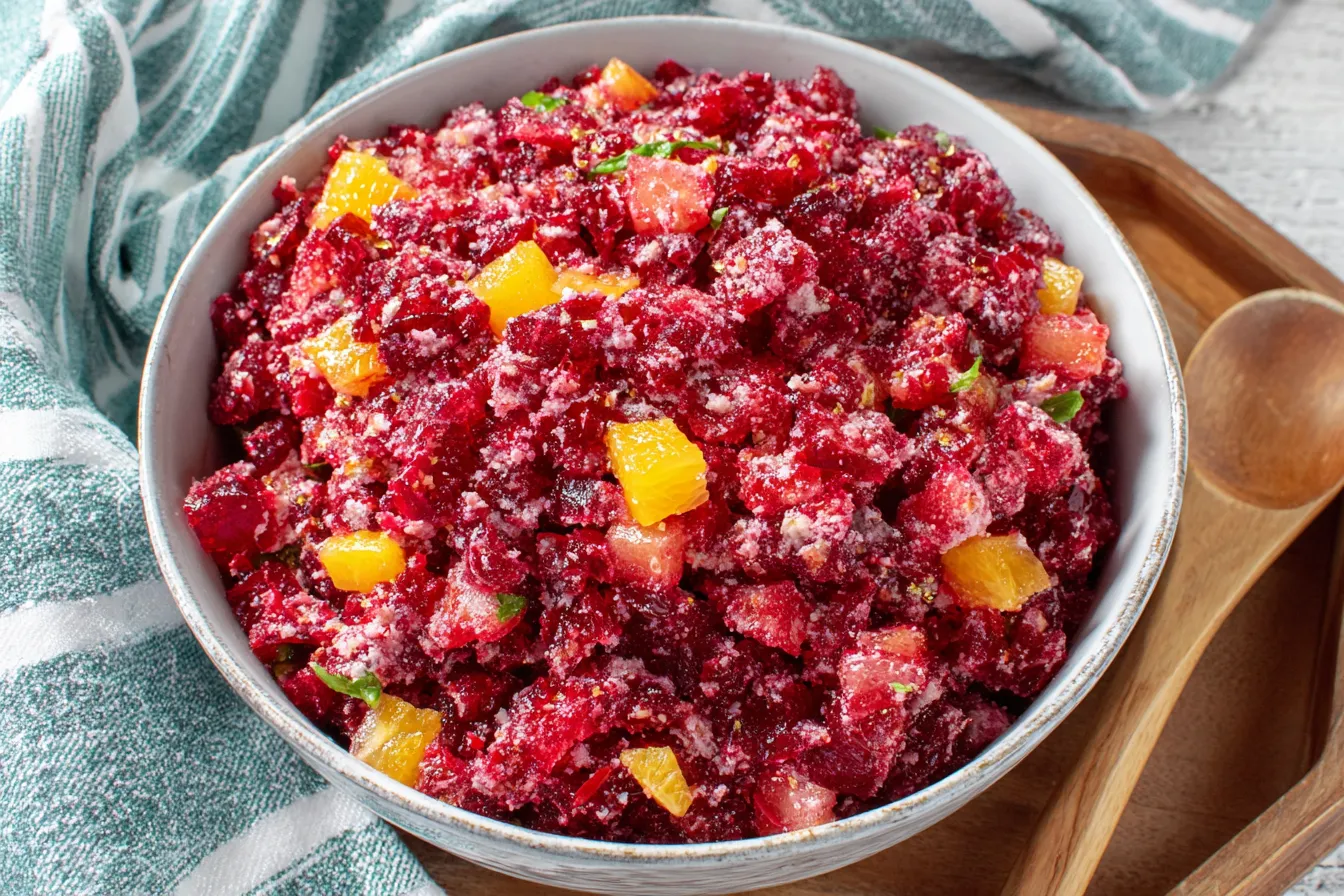 Bright bowl of cranberry salad with pineapple and apples for a festive Cranberry Jello Salad Recipe