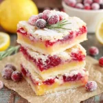Close-up of Cranberry Lemon Bars stacked on parchment paper with sugared cranberries and lemons in the background.
