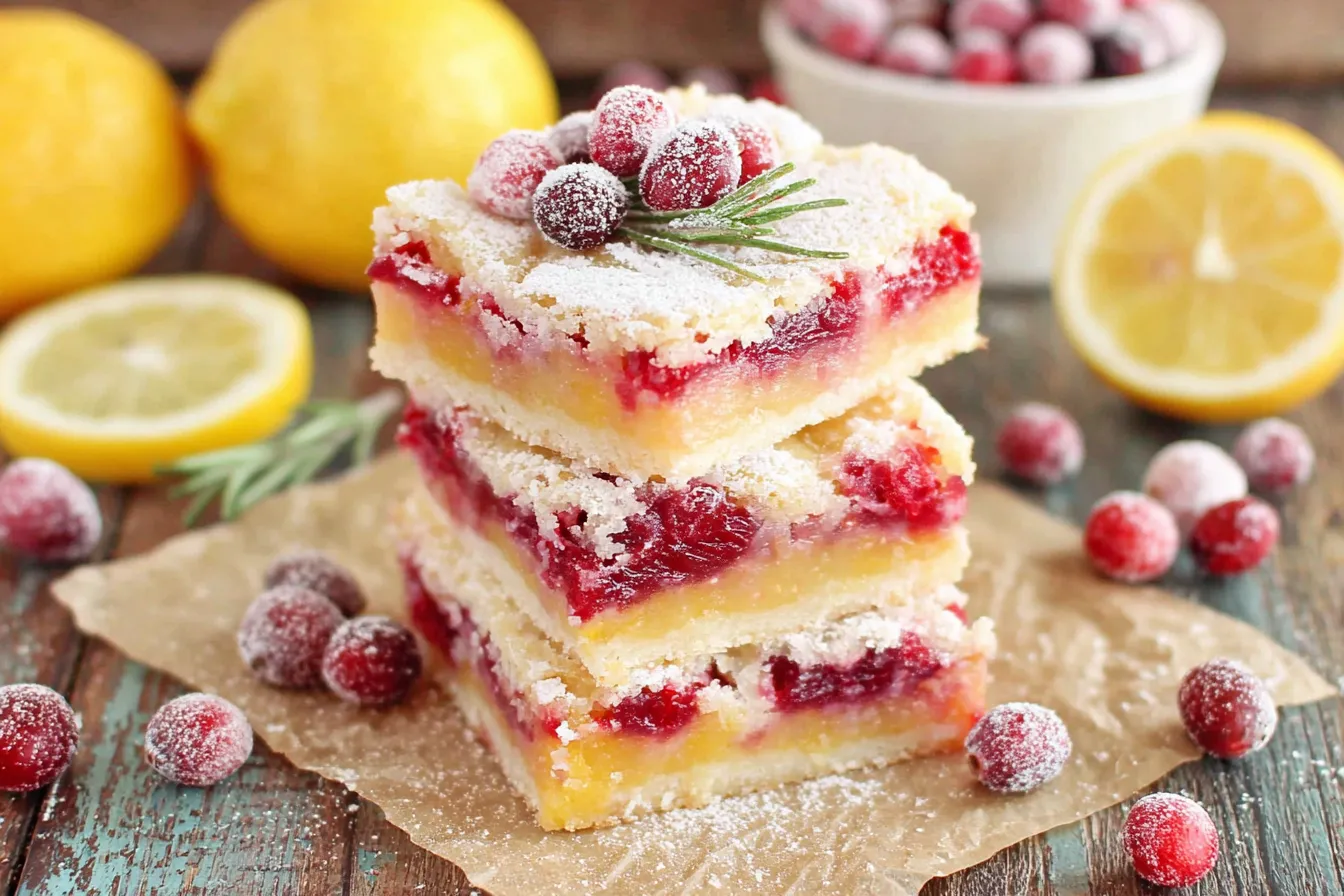 Close-up of Cranberry Lemon Bars stacked on parchment paper with sugared cranberries and lemons in the background.
