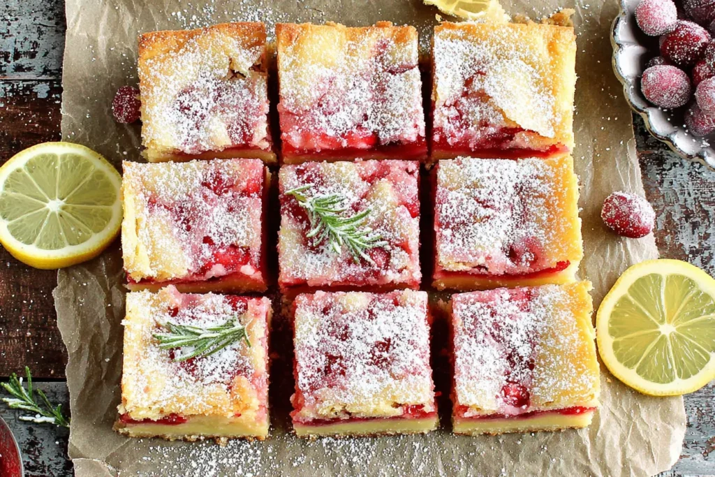 Cranberry Lemon Bars arranged in a neat grid, dusted with powdered sugar and surrounded by fresh lemons and cranberries.