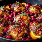 Cranberry Orange Chicken with orange slices and fresh cranberries baked in a skillet.