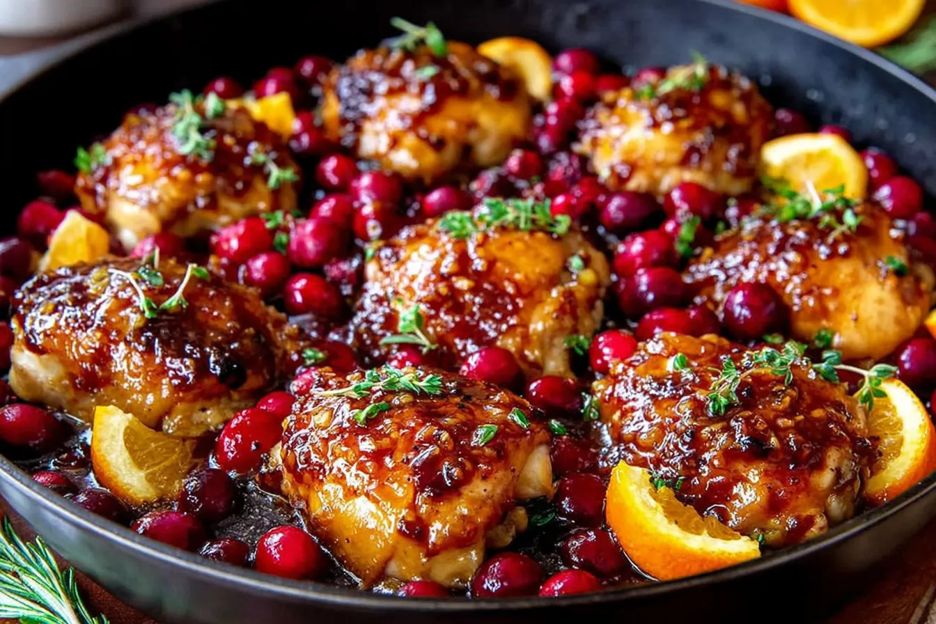 Cranberry Orange Chicken with orange slices and fresh cranberries baked in a skillet.