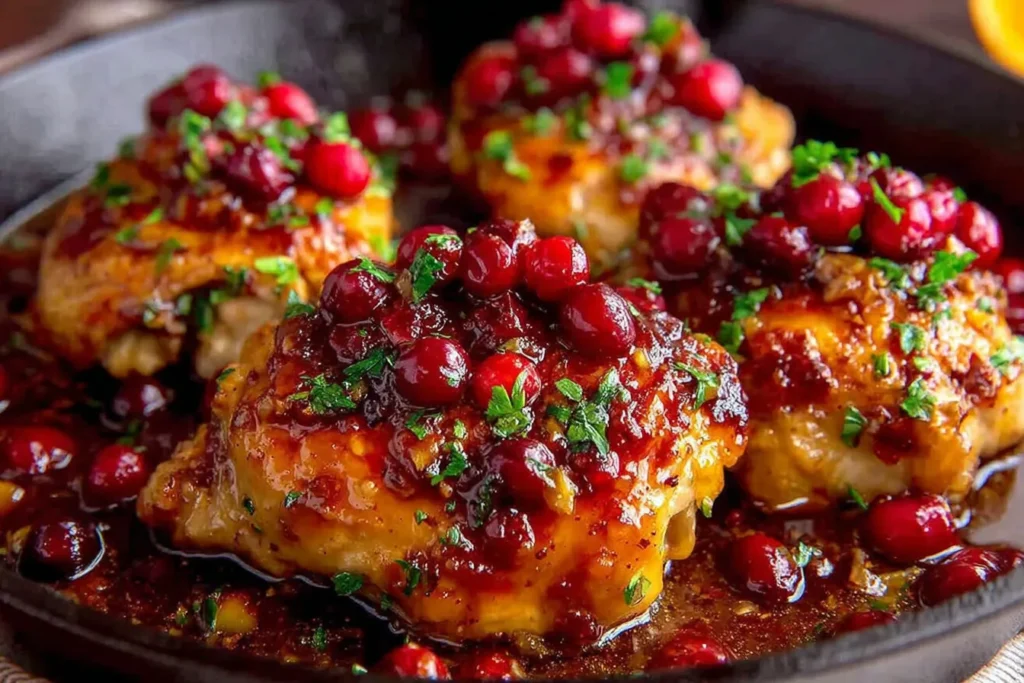 Cranberry Orange Chicken topped with fresh cranberries, orange glaze, and herbs in a skillet.