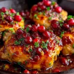 Cranberry Orange Chicken topped with fresh cranberries, orange glaze, and herbs in a skillet.