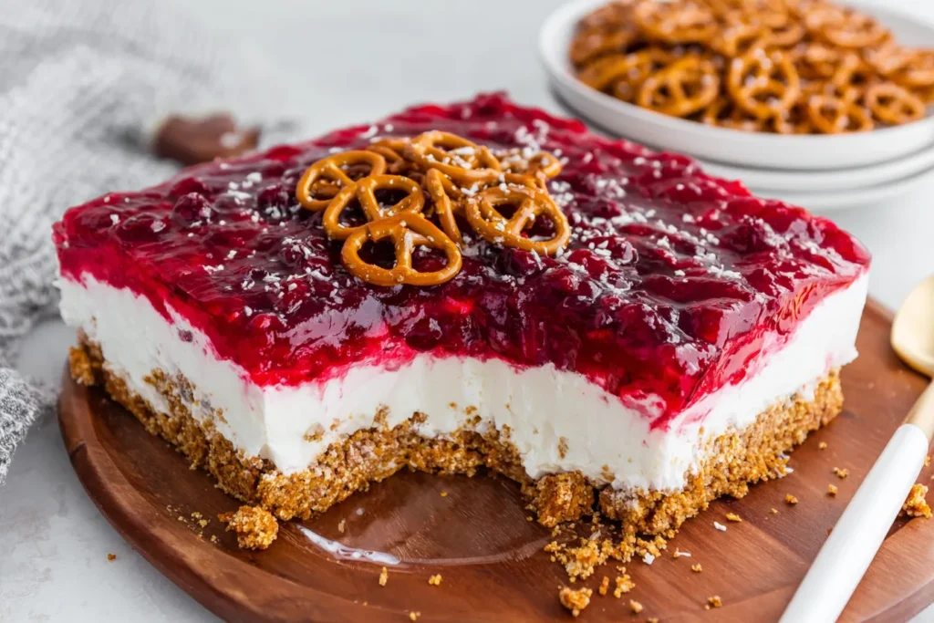 Pan of Cranberry Pretzel Salad with a large slice removed, revealing its pretzel crust and creamy layers.