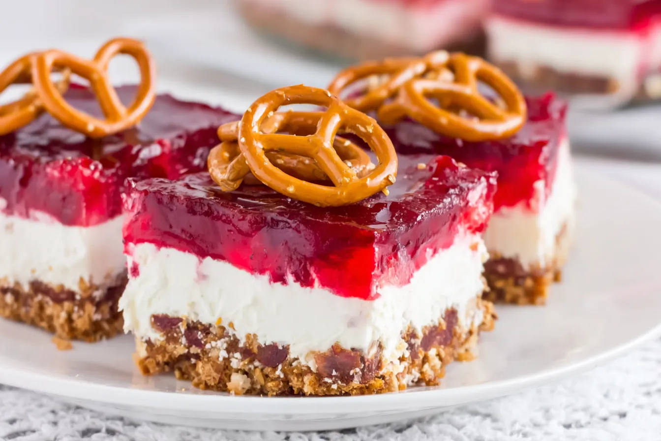 Multiple slices of Cranberry Pretzel Salad arranged on a white plate with mini pretzels on top.