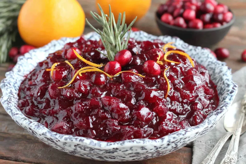 Best Ever Cranberry Sauce served in a festive bowl with orange zest and cranberries