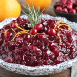 Best Ever Cranberry Sauce served in a festive bowl with orange zest and cranberries