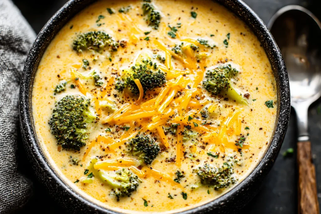 Creamy crockpot soup recipes featuring broccoli florets and melted cheddar cheese.