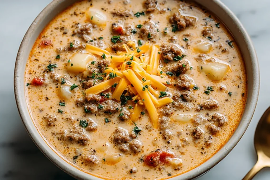Creamy crockpot soup recipes featuring ground beef, tender potatoes, and melted cheddar cheese.