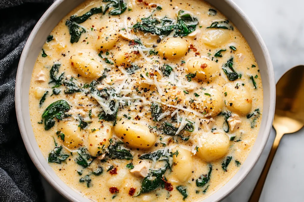 Creamy crockpot soup recipe with shredded chicken, soft gnocchi, and fresh spinach.