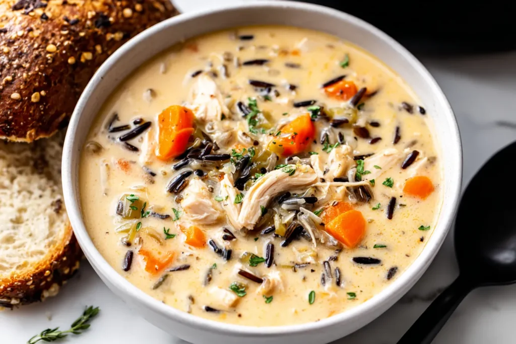 Cozy crockpot soup recipes with creamy broth, chicken, wild rice, and vegetables.