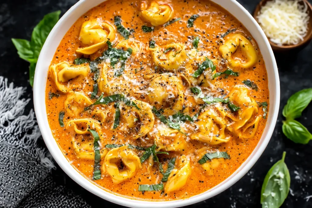 Delicious crockpot soup recipes featuring creamy tomato broth and tender cheese tortellini.