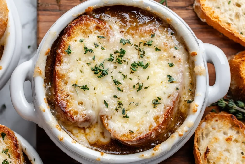Savory crockpot soup recipes with caramelized onions, beef broth, and melted cheese.