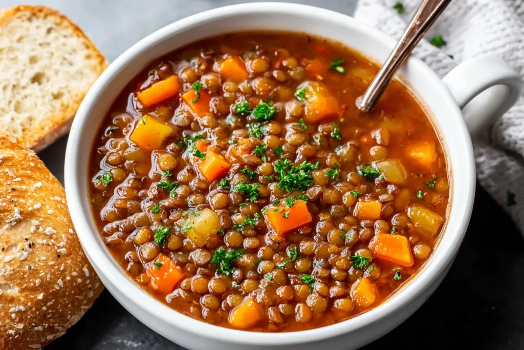 Wholesome crockpot soup recipes featuring lentils simmered with vegetables and herbs.