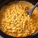 Thick and cheesy Crockpot Mac and Cheese topped with herbs in a slow cooker.