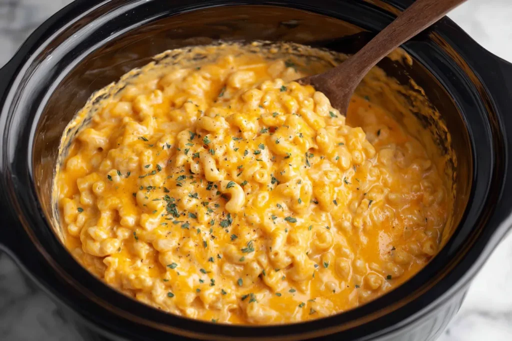Creamy Crockpot Mac and Cheese mixed with a wooden spoon inside a slow cooker.