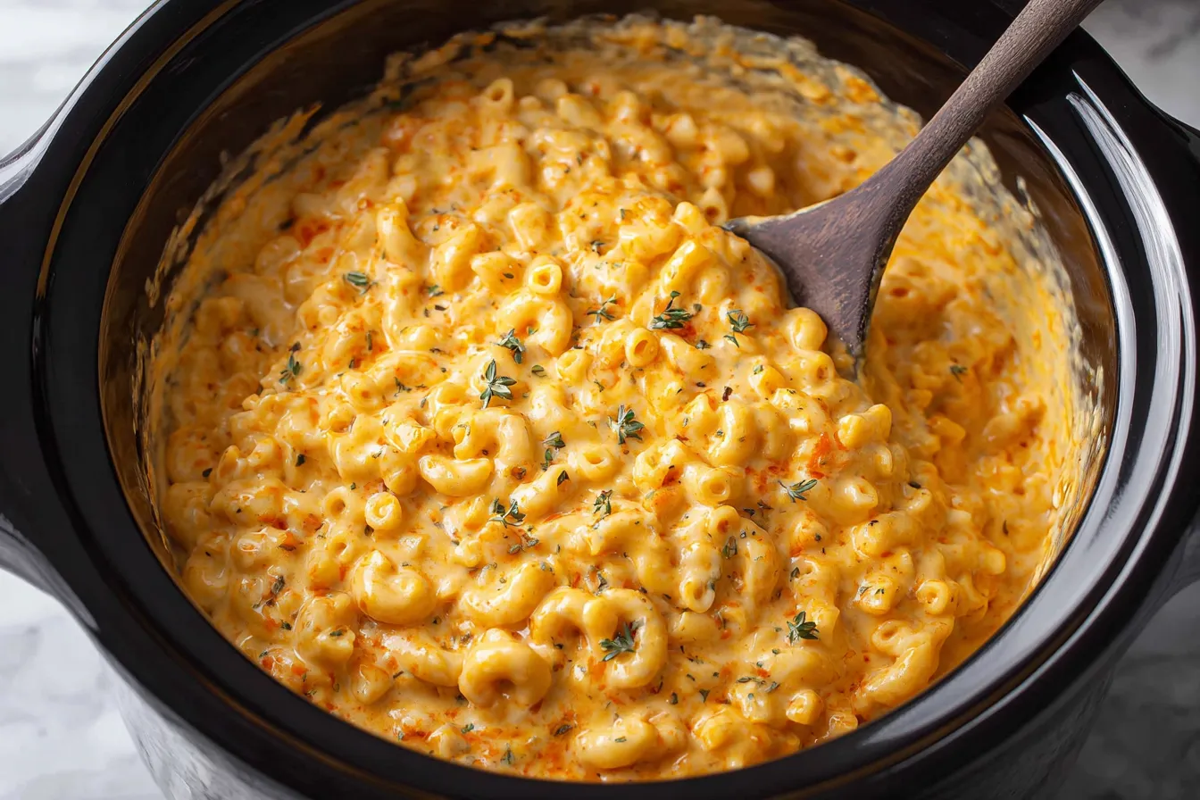 Thick and cheesy Crockpot Mac and Cheese topped with herbs in a slow cooker.