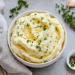 Creamy Crockpot Mashed Potatoes topped with fresh herbs in a white bowl.