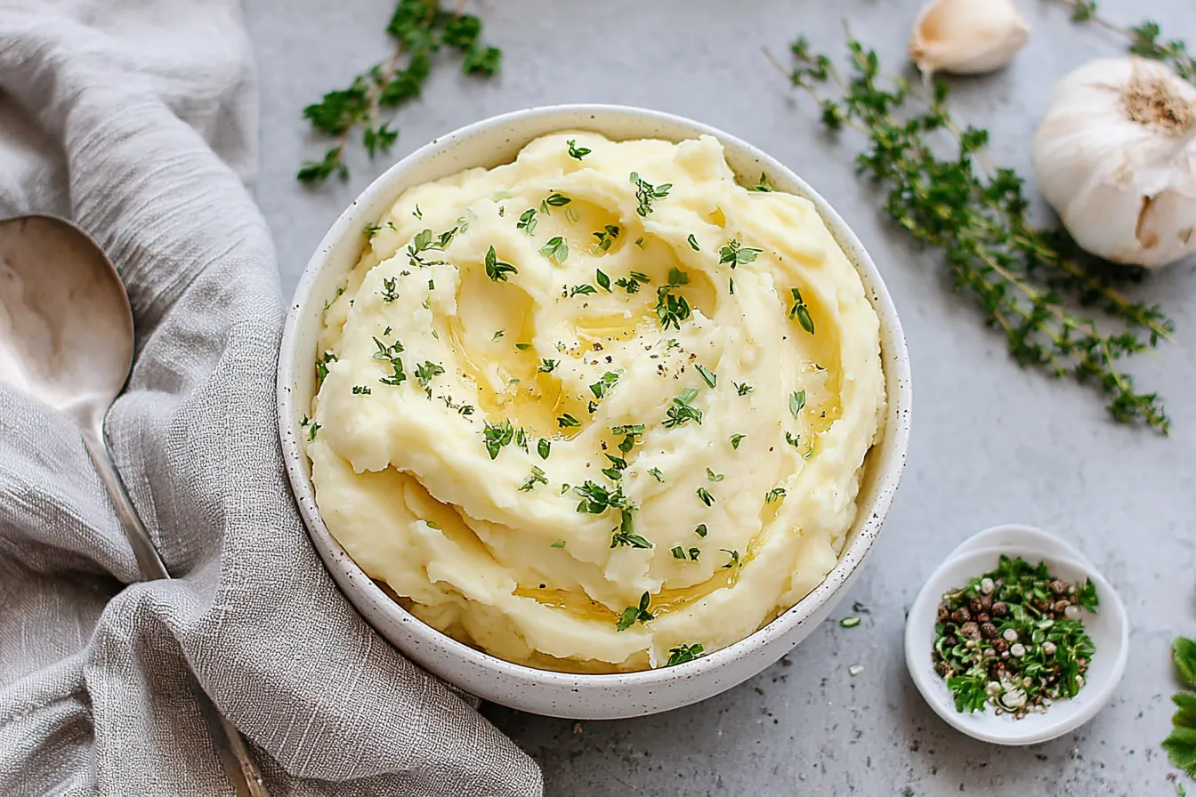 Creamy Crockpot Mashed Potatoes topped with fresh herbs in a white bowl.