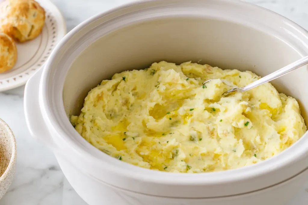 Creamy Crockpot Mashed Potatoes in a slow cooker topped with melted butter.