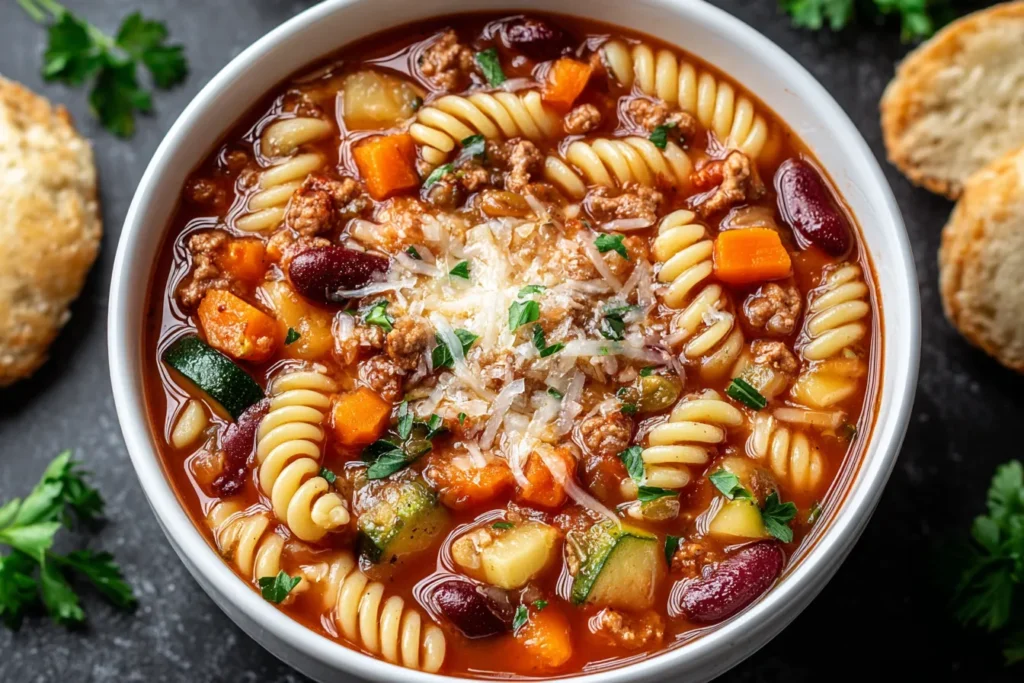 Colorful crockpot soup recipe full of vegetables, beans, and pasta in a classic minestrone broth.
