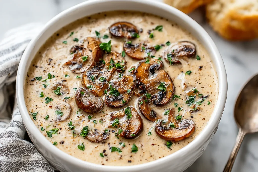 Creamy crockpot soup recipe with tender mushrooms in a rich, velvety broth.