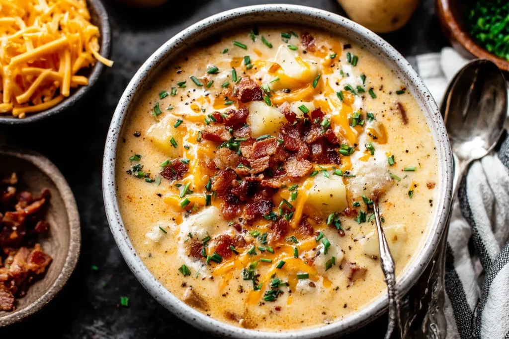 Creamy crockpot soup recipes featuring tender potatoes, cheese, and crispy bacon.