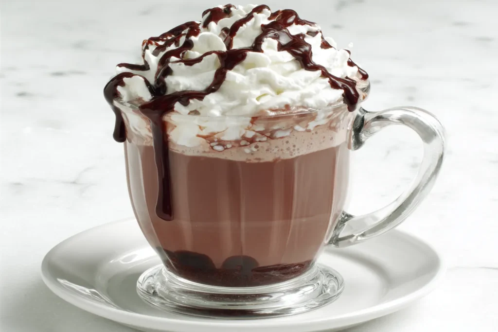 Decadent mug of No-Brainer Crockpot Slow Cooker Hot Chocolate Recipe with whipped cream and chocolate syrup drizzle.