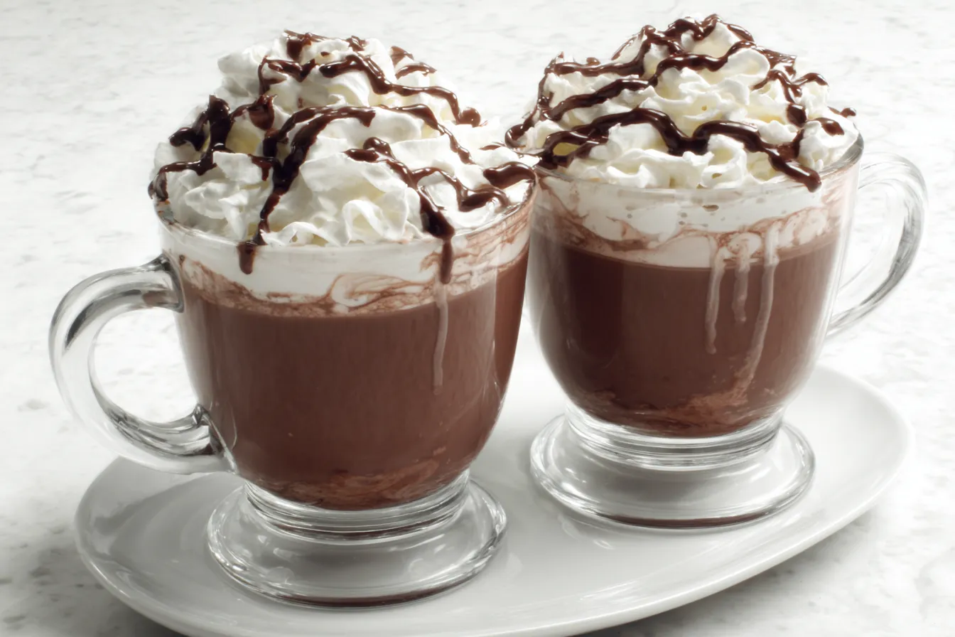 Two mugs of No-Brainer Crockpot Slow Cooker Hot Chocolate Recipe topped with whipped cream and chocolate drizzle.