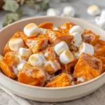 Bowl of Crockpot Sweet Potatoes With Marshmallows featuring golden toasted marshmallows and tender sweet potato chunks.