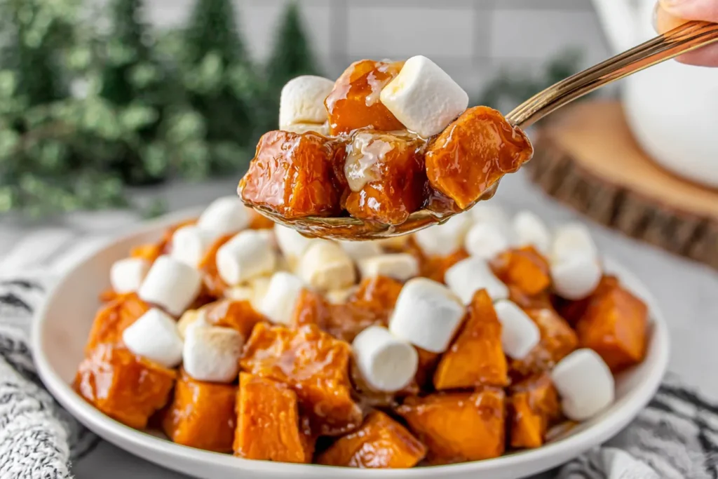 Spoonful of Crockpot Sweet Potatoes With Marshmallows topped with gooey melted marshmallows and caramelized maple glaze.