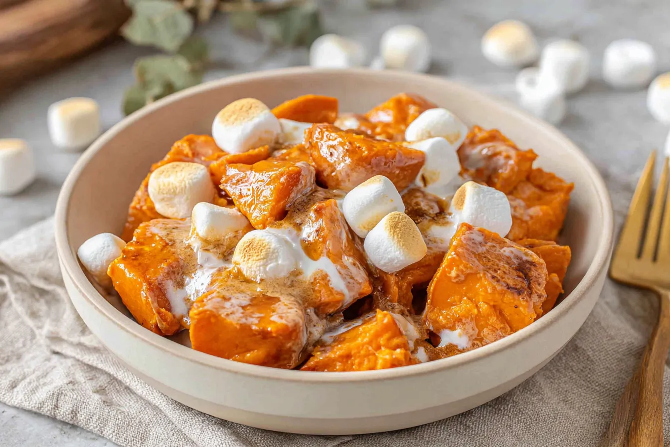 Bowl of Crockpot Sweet Potatoes With Marshmallows featuring golden toasted marshmallows and tender sweet potato chunks.