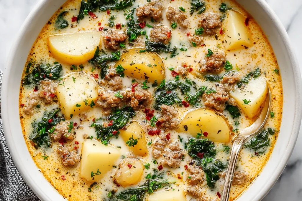 Creamy crockpot soup recipes featuring sausage, potatoes, kale, and rich broth.
