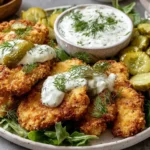Plate of Crispy Dill Pickle Parmesan Chicken with creamy dill sauce and sliced pickles on fresh greens.