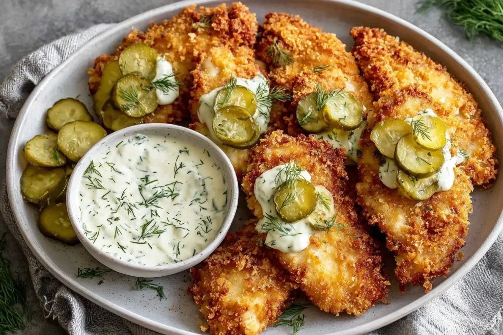 Crispy Dill Pickle Parmesan Chicken topped with pickles and dill served with a bowl of creamy dill sauce.
