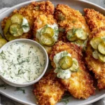 Crispy Dill Pickle Parmesan Chicken topped with pickles and dill served with a bowl of creamy dill sauce.