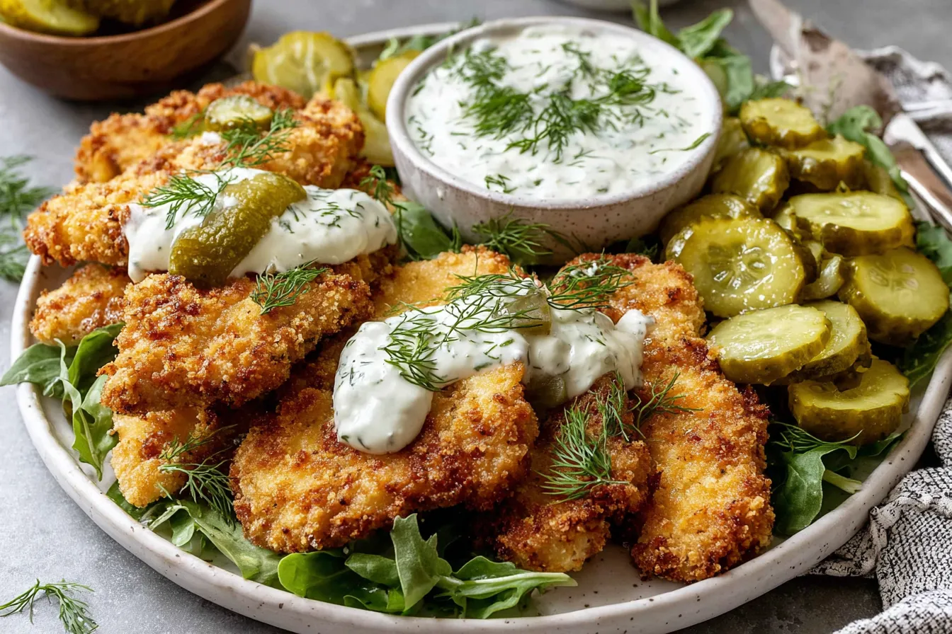 Plate of Crispy Dill Pickle Parmesan Chicken with creamy dill sauce and sliced pickles on fresh greens.