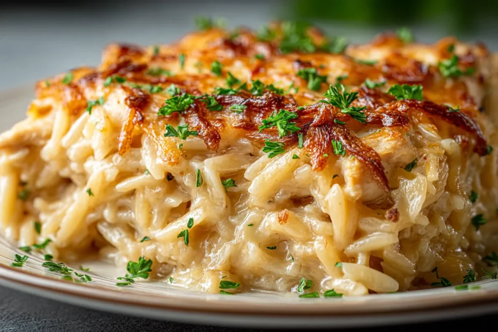 Slice of creamy French Onion Chicken Orzo Casserole served on a plate with golden caramelized cheese.