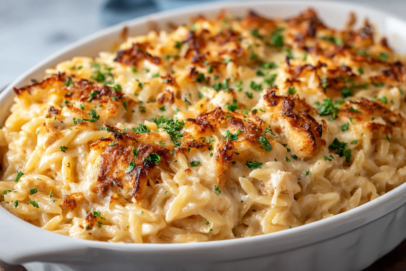 Creamy French Onion Chicken Orzo Casserole topped with golden melted cheese and fresh herbs.