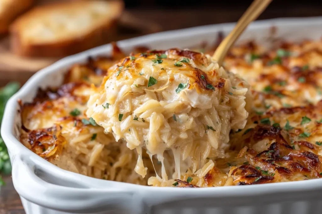 Spoonful of cheesy French Onion Chicken Orzo Casserole lifted from a baking dish.