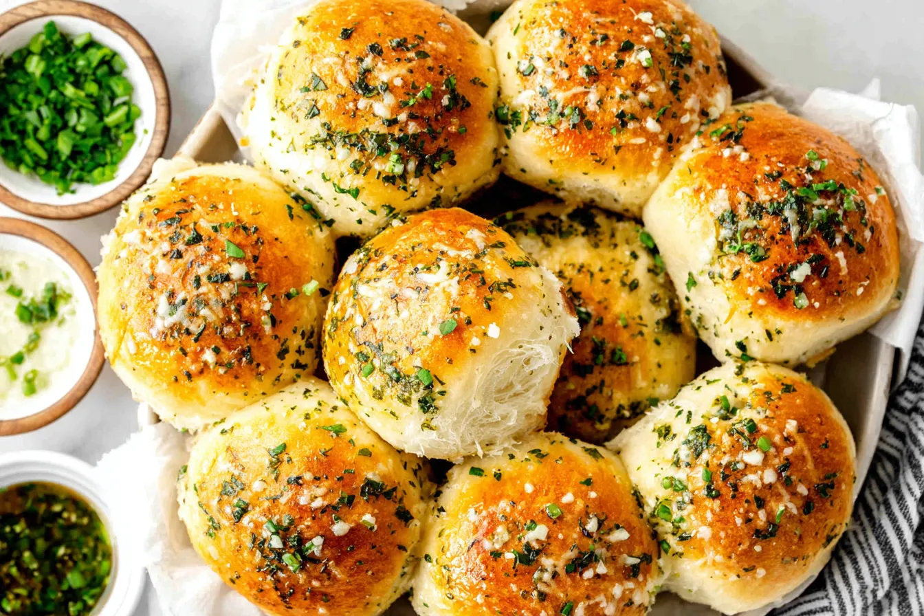 Soft and fluffy Garlic Bread Rolls brushed with melted garlic herb butter and sprinkled with fresh parsley and flaky salt.