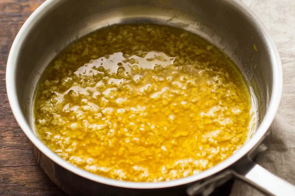 Garlic butter mixture simmering in a saucepan, the first step in making flavorful Garlic Bread Rolls.