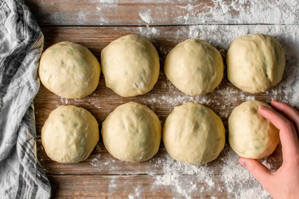 Shaped dough balls for Garlic Bread Rolls lined up on a floured wooden surface, with a hand shaping the final roll.