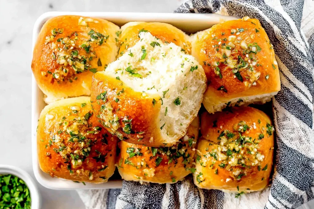 Freshly baked Garlic Bread Rolls topped with melted garlic butter and herbs, one roll pulled apart to show the fluffy interior.