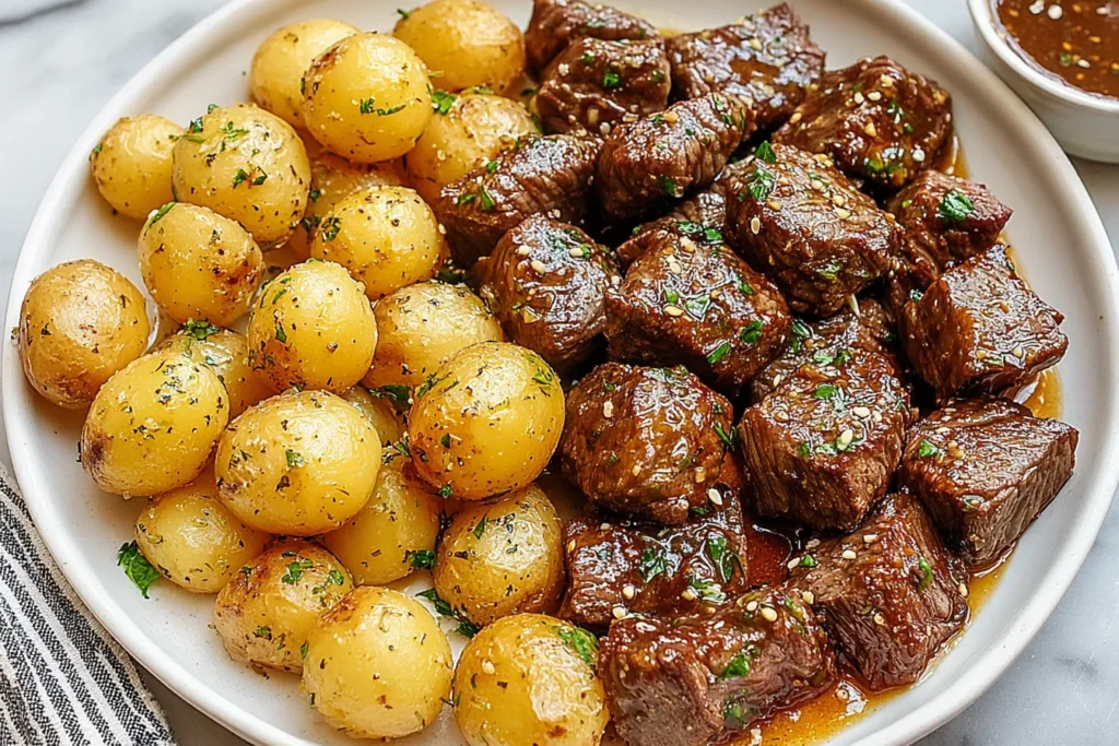 Quick & Irresistible Garlic Steak Bites and Potatoes served on a white plate with juicy steak cubes and seasoned baby potatoes.