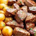 Quick & Irresistible Garlic Steak Bites and Potatoes sizzling in a pan with golden baby potatoes and juicy seared steak pieces.