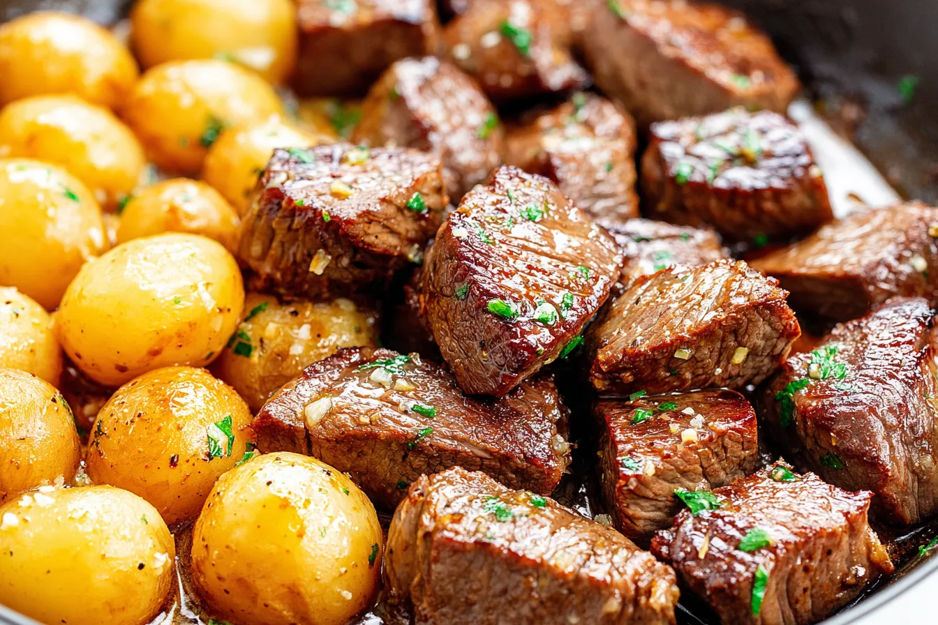 Quick & Irresistible Garlic Steak Bites and Potatoes sizzling in a pan with golden baby potatoes and juicy seared steak pieces.